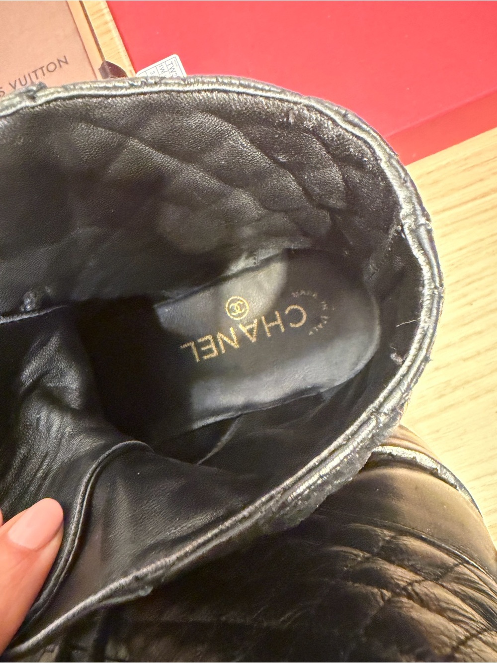 CHANEL Black Quilted Leather Combat Boots with Gold Logo Insole - Picture 5 of 5